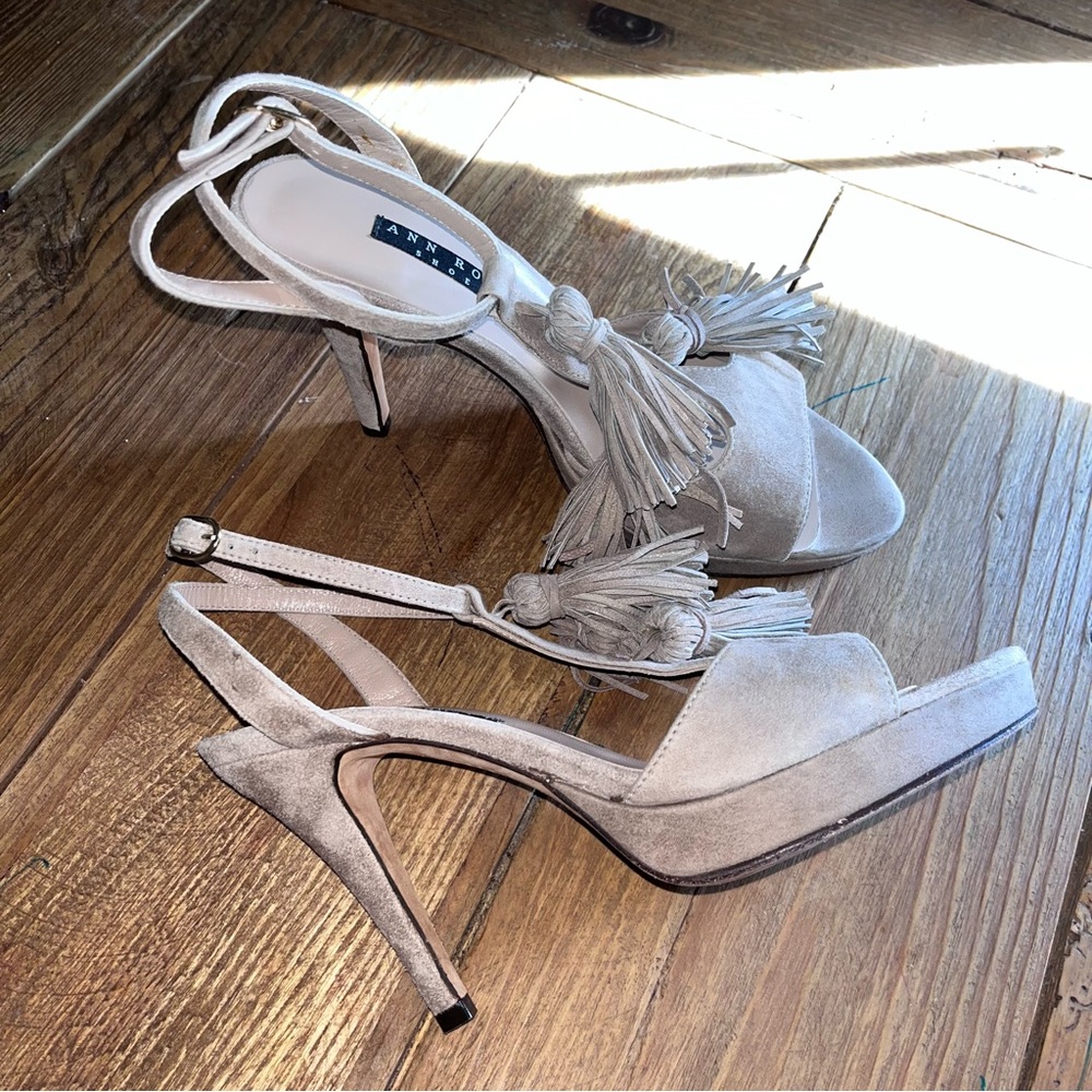 Ann Roth Suede Fringe Tassel Ankle Wrap Strap Heeled Sandals